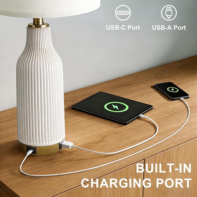 24.5" Modern 3-Way Dimmable Touch Control with USB A+C Ceramic Lamps Set of 2 Table Lamp for Living Room Bedroom Farmhouse Nightstand Bedside White