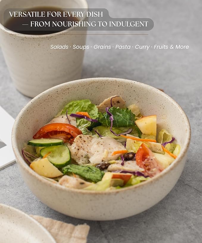 Stoneware Bowl Set of 4-25oz, 6.5" Ceramic Serving Bowls for Salad, Cereal, Soup & Fruit - Microwave & Dishwasher Safe - Rustic Minimalist Design - Oatmeal Cream - Ideal Gift