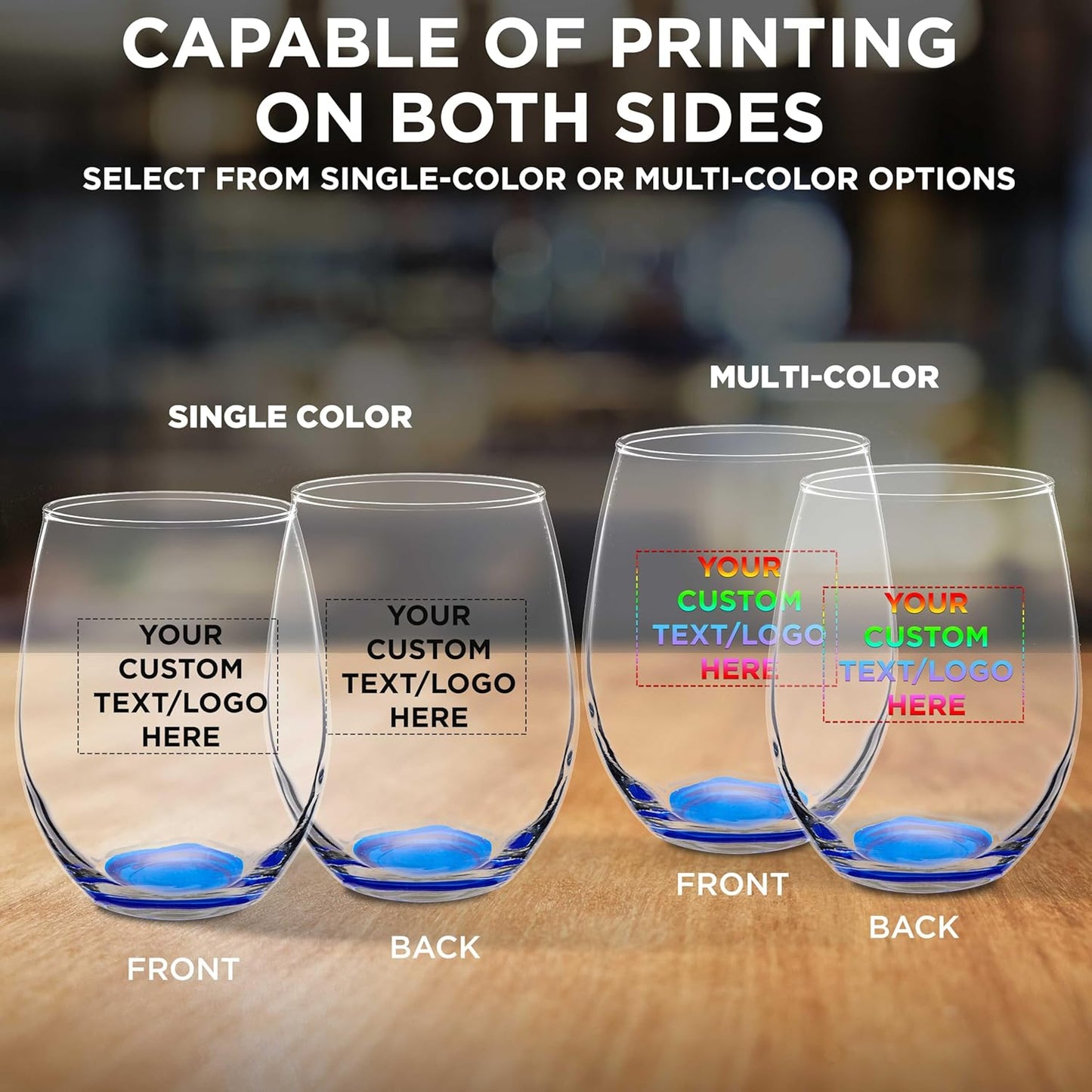 Custom Stemless Wine Glasses in Bulk by ARC Perfection, 15 oz, 10 pack, Personalized Text, Logo, Red or White Wine Glass Set, Blue