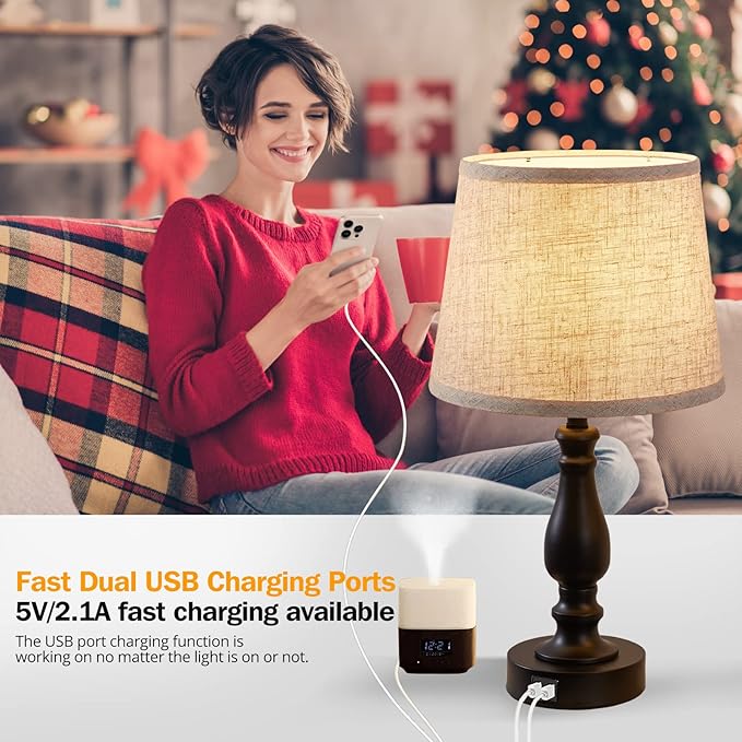 Table Lamps Set of 2, Bedside Nightstand Lamps with USB Charging Ports,Dimmable Touch with Linen Fabric Lampshade, Modern Small Lamp for Bedrooms, Living Room (Bulbs Included)