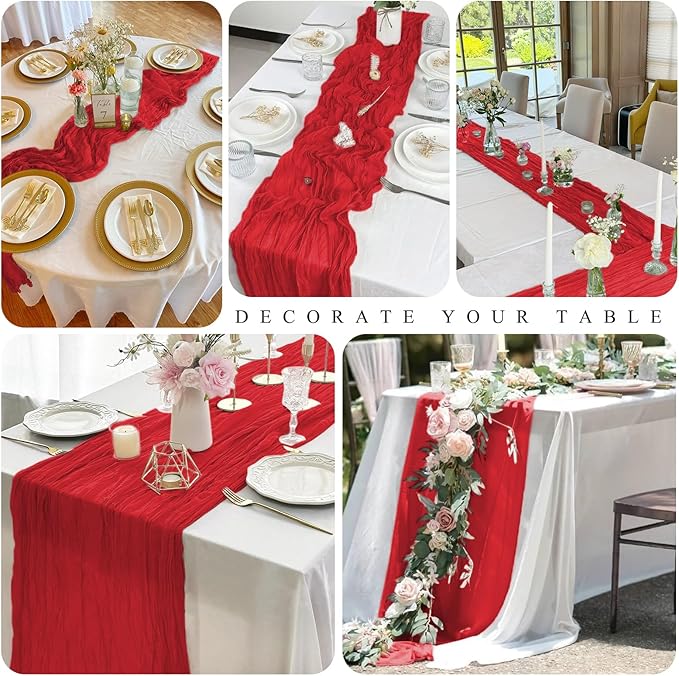 Pesonlook 20 Pack Cheesecloth Table Runner Red, Rustic Boho Gauze Fabric Table Runner Romantic Table Runner for Wedding, Festival, Birthday, Anniversary, Dinner and Outdoor Events (17.7 x 108 inch)