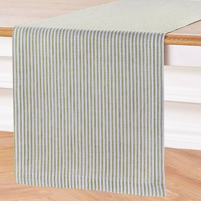Solino Home Linen Table Runner 90 Inches Long - Narrow Stripe, 100% Pure Linen Avocado and White Farmhouse Table Runner 14 x 90 Inch for Dining, Christmas, Winter, New Year