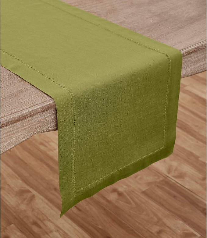 Solino Home Linen Hemstitch Table Runner 36 Inches - 100% Pure Linen Avocado Green Table Runner 14 x 36 Inch Ideal for Dresser and Coffee Tables - Winter - Classic Hemstitch