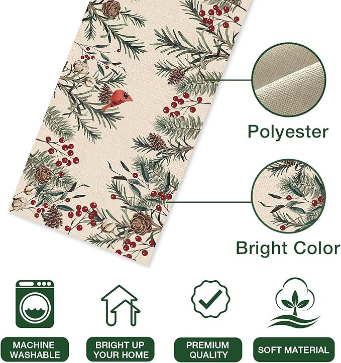 Seliem Winter Pine Needle Branches Table Runner, Pine Cone Cardinal Red Birds Berry Farmhouse Kitchen Dining Table Decor, Christmas Holiday Home Decoration Indoor Outdoor Party Supply 13 x 48 Inches