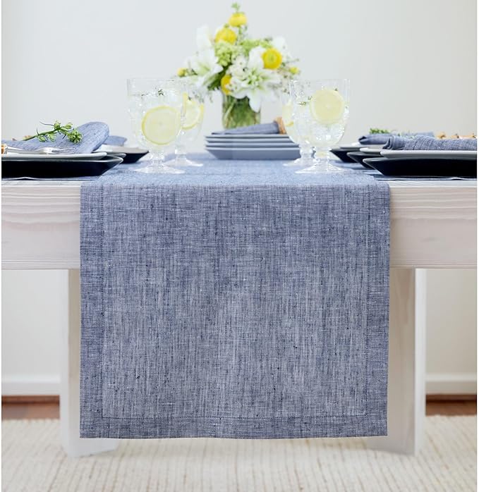 Solino Home Linen Table Runner 72 Inches Long - Athena, 100% Pure Linen Chambray Indigo Table Runner 14 x 72 Inch for Dining, Christmas, Holiday, Winter, New Year