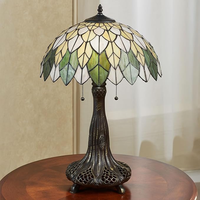 Marissa Abstract Magnolia Flower Stained Glass Table Lamp | Handcrafted Art Glass Shade with Iridescent Pale Yellow, Off-White, & Green Hues | Bronze Tree Trunk-Style Base | Dual Pull Chain Lighting