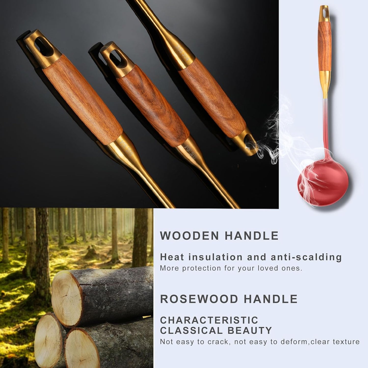 Gold Kitchen Utensils Set with Wooden Handle, 6 PCS Professional Cooking Utensils Set, Wok Spatula, Ladle, Skimmer, Slotted Spatula Turner, Spaghetti Spoon, Large Spoon