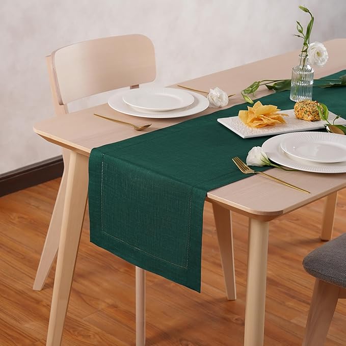 Home Ekaa 100% Pure Linen Green Table Runner 14 x 36 Inch - Small Hemstitch Table Runner - Cloth Fabric Runner for Christmas, Fall, Winter, Holiday & New Year - Elara
