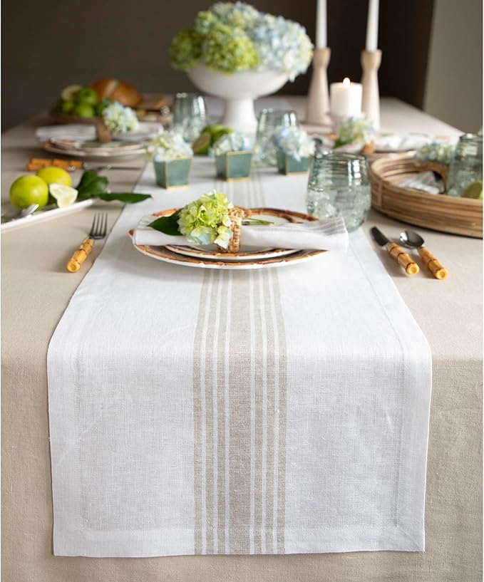 Solino Home Linen Table Runner 90 Inches Long - 100% Pure Linen Natural and White Farmhouse Table Runner 14 x 90 Inch for Dining, Christmas, New Year