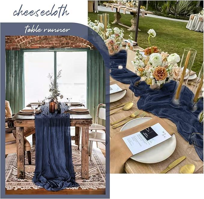 12 Pack 10Ft Navy Blue Cheesecloth Table Runner 35 x 120 inch Boho Gauze Cheese Cloth Table Runner Vintage Rustic Sheer Runners for Wedding Bridal Shower Birthday Party Cake Table Decorations