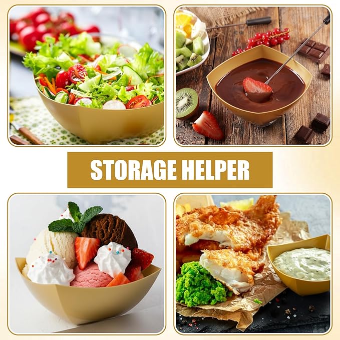 Tanlade 50 Pcs Square Plastic Serving Bowls Disposable Snack Salad Bowl Small Party Candy Bar Containers Taco Bar Serving Dishes for Buffet Chips Fruit(4 oz,Gold)