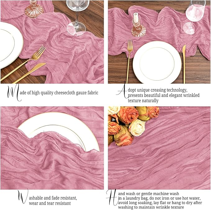 12 Pack Dusty Rose Table Runner 10Ft Long Cheesecloth Table Runner Rustic Gauze Table Runner Romantic Sheer Fabric Cheese Cloth Table Runners for Wedding Party Bridal Baby Shower