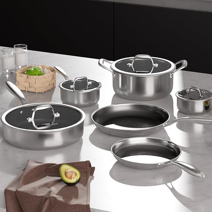 COOKER KING Stainless Steel Cookware Set, Pots and Pans Set Non Stick, Hybrid Ceramic Cookware,Non-Stick Frying Pans, Saucepans, Saute Pan & Stock Pot, Non-Toxic, Oven Safe, Induction Compatible