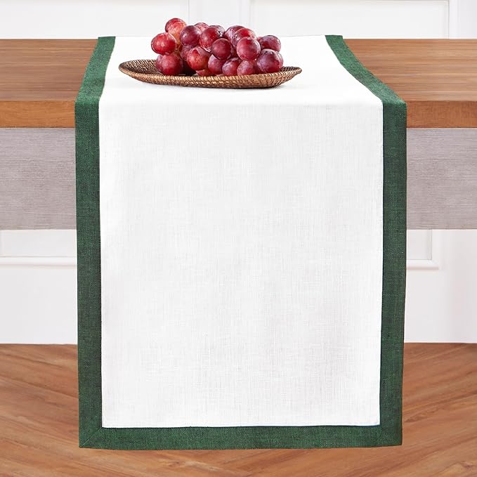 Solino Home Linen Table Runner 48 Inches - 100% Pure Linen Forest Green and White Small Table Runner 14 x 48 Inch Ideal for Dresser and Coffee Tables - Classic - Winter, Christmas