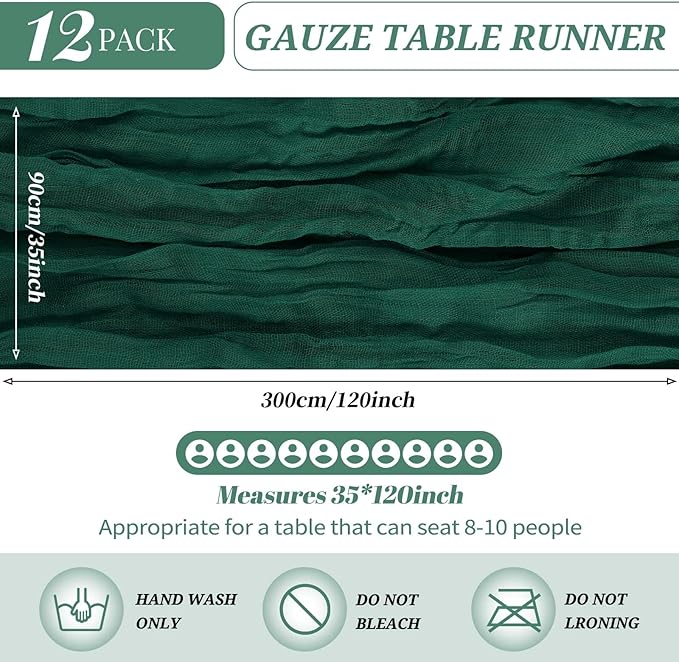 12 Pack Cheesecloth Table Runner 35 x 120 inch Long Boho Cheese Cloth Gauze Table Runners Semi Sheer Table Runner for Wedding Decor, Bridal Shower, Birthday Party (Emerald Green)