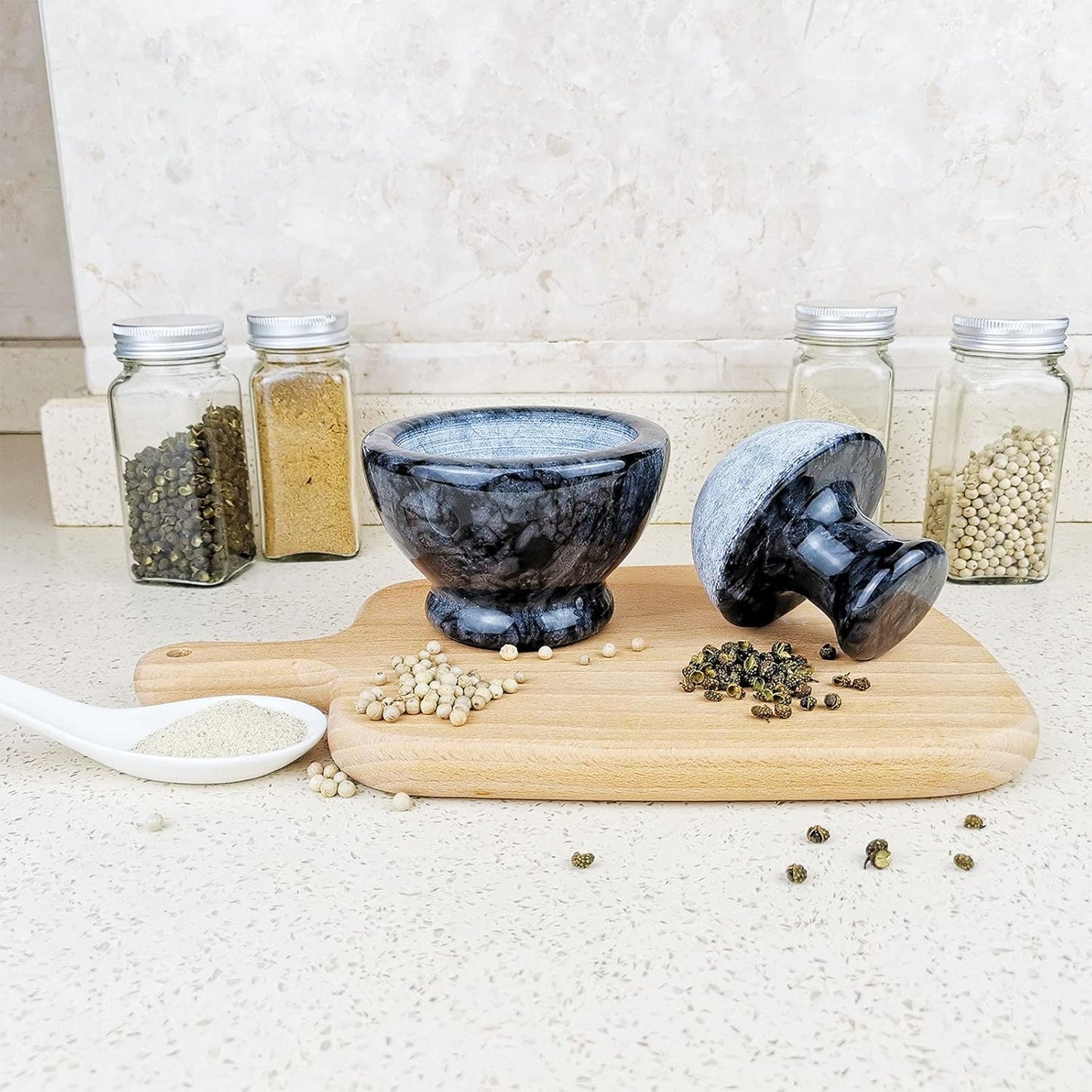 Marble Mortar and Pestle Set, Pill Crusher and Spice Stone Grinder, 3.7 Inch, 1/2 Cup, Grinding is Efficient and Labor-Saving (Black)