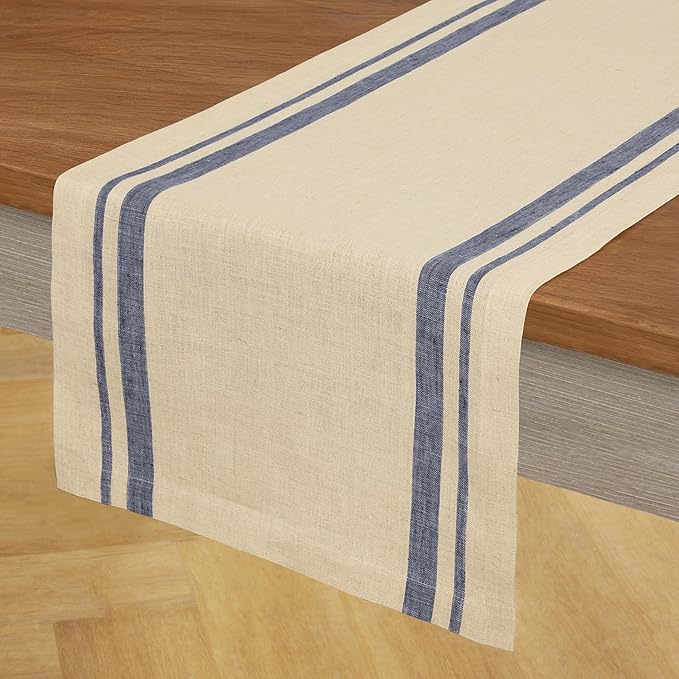 Solino Home Linen Table Runner 72 Inches Long - 100% Pure Linen Navy and Natural French Stripe Table Runner 14 x 72 Inch for Dining, Dresser