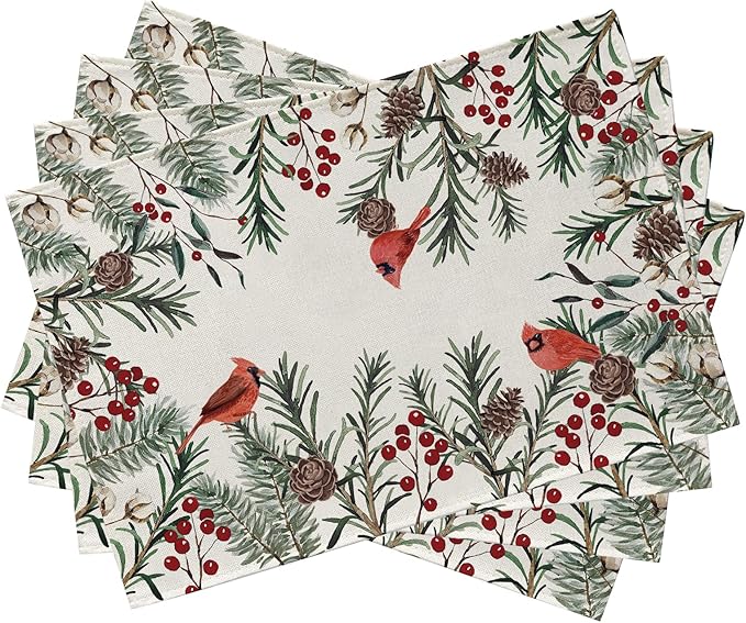 Seliem Winter Cardinal Birds Placemats Set of 4, Red Berries Branch Pine Cone Cotton Vintage Dining Table Place Mats, Seasonal Christmas Holiday Kitchen Decor Home Decoration 12 x 18 Inch