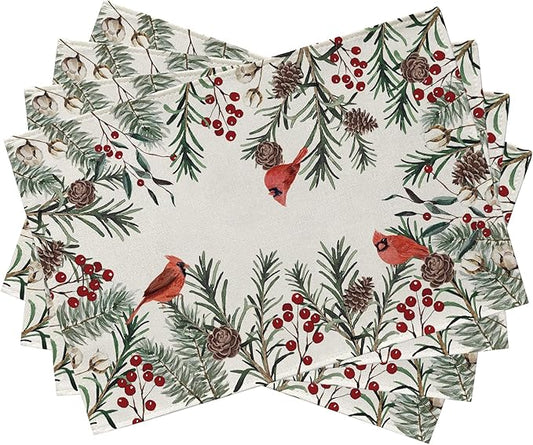 Seliem Winter Cardinal Birds Placemats Set of 4, Red Berries Branch Pine Cone Cotton Vintage Dining Table Place Mats, Seasonal Christmas Holiday Kitchen Decor Home Decoration 12 x 18 Inch