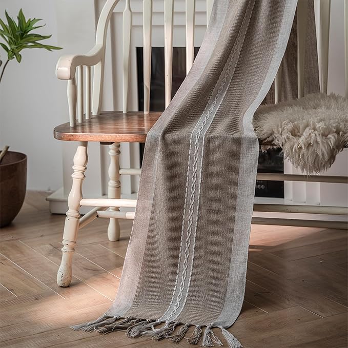 Niviy Farmhouse Table Runner, Embroidered Striped Braided Coffee Boho Table Runner, Cotton Linen Farmhouse Table Decoration for Holiday Party 12 x 48 Inches