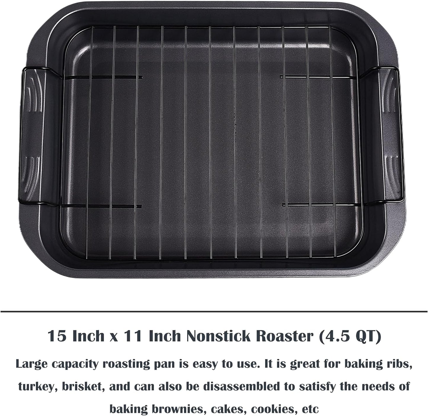 kitCom Bakeware Nonstick Roaster, Nonstick Roasting Pan with Rack, Great For Roast Chicken, Roasts And Turkeys - 15 Inch x 11 Inch (5.8 QT), Gray