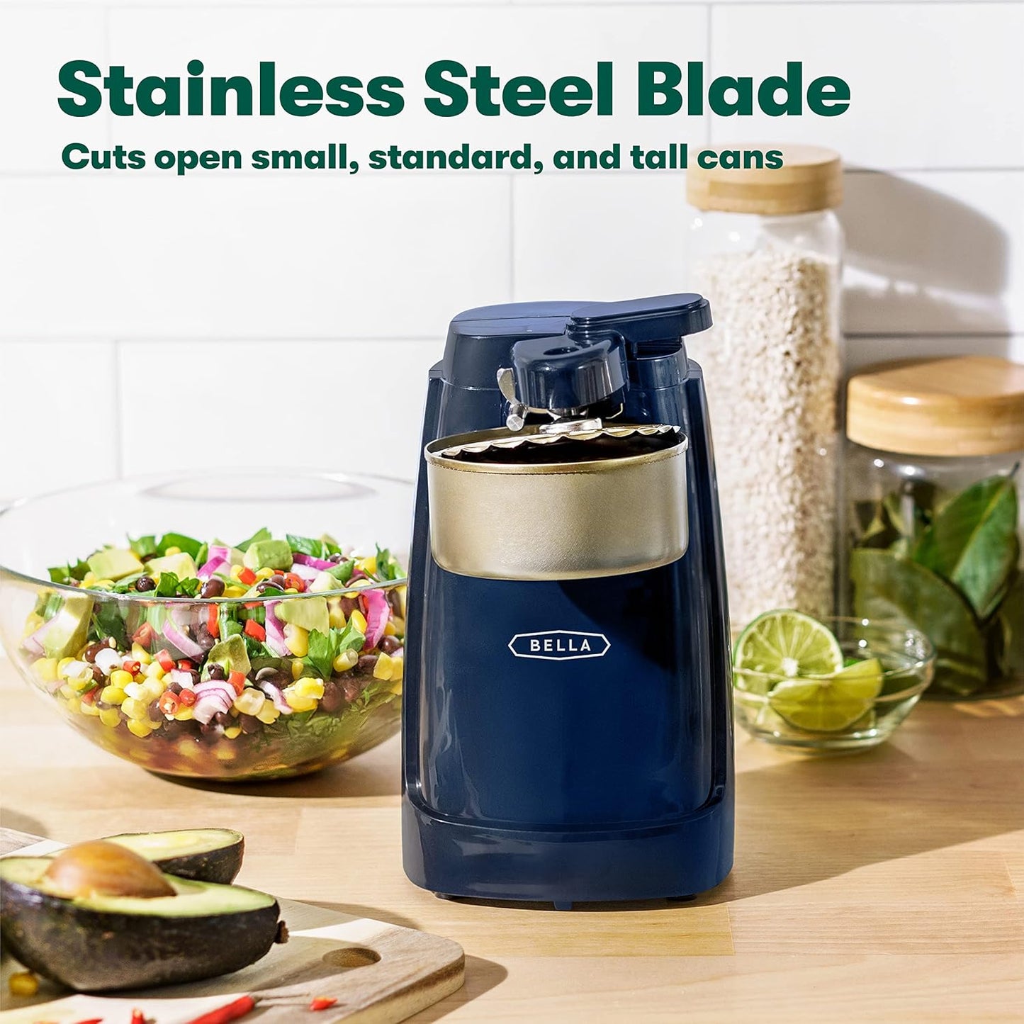 BELLA Electric Can Opener and Knife Sharpener, Multifunctional Jar and Bottle Opener with Removable Cutting Lever and Cord Storage, Stainless Steel Blade, Navy