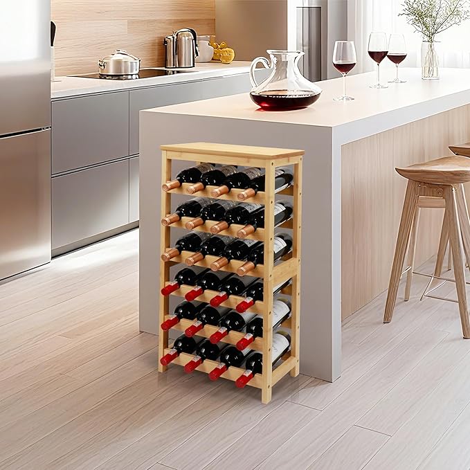 Wine Rack Free Standing Floor, 6-Tier 24 Bottles Display Wine Storage Shelves with Table Top, Easy-Assembly Freestanding Bamboo Wine Racks for Kitchen Dining Room Bar, Natural