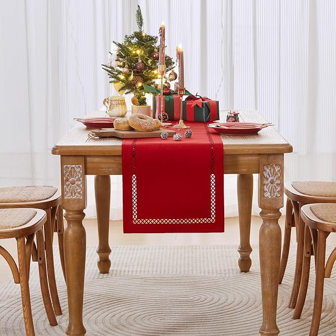 Burlap Style Farmhouse 13 x 60 Inch Red Table Runner, Rustic Geometric Hollow Christmas Table Runners 60 Inches Long for Winter Christmas Party Decorations, 13x60 Inches, Red