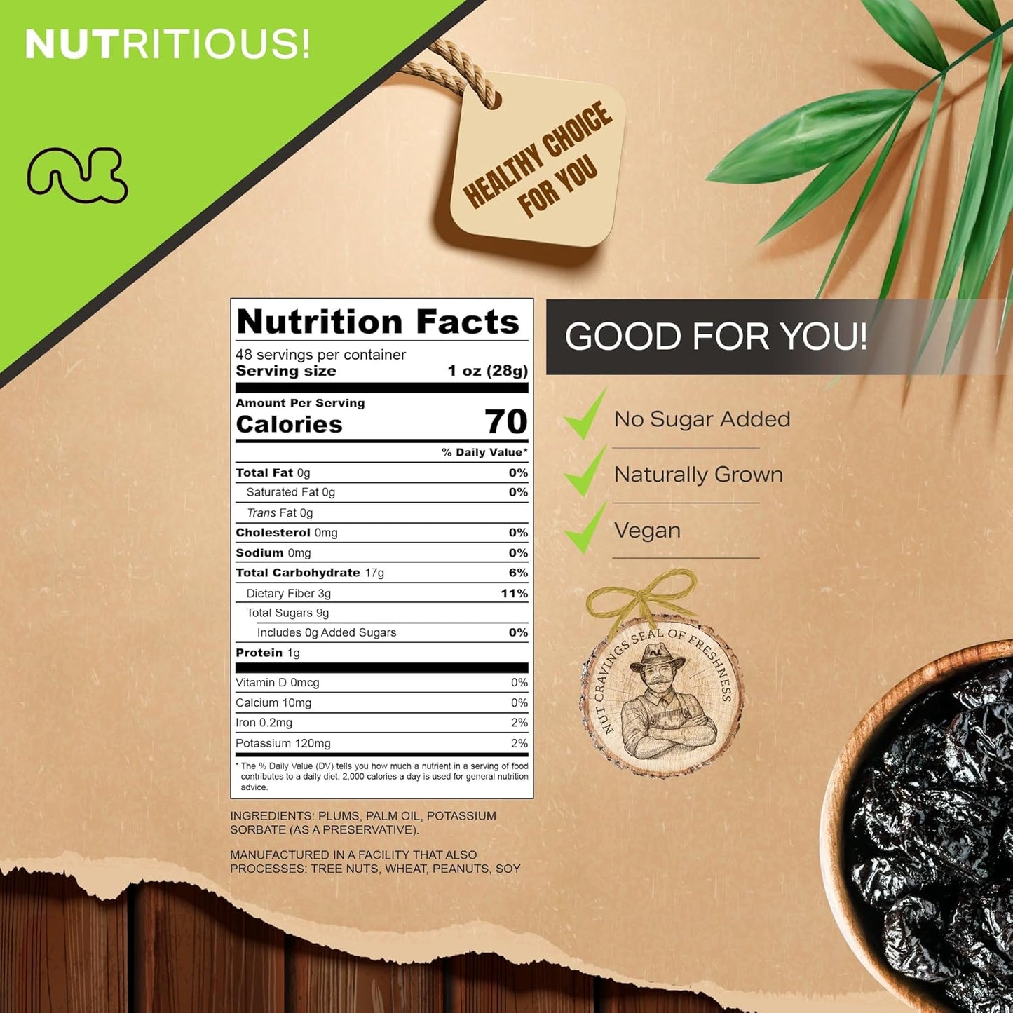 NUT CRAVINGS - Dried Prunes Pitted Unsweetened, Dry Plums No Sugar Added (48oz, 3 LB) Bulk Dry Fruits Packed Fresh in Resealable Bag - Sweet Healthy Snack, Naturally Grown, Vegan, Kosher