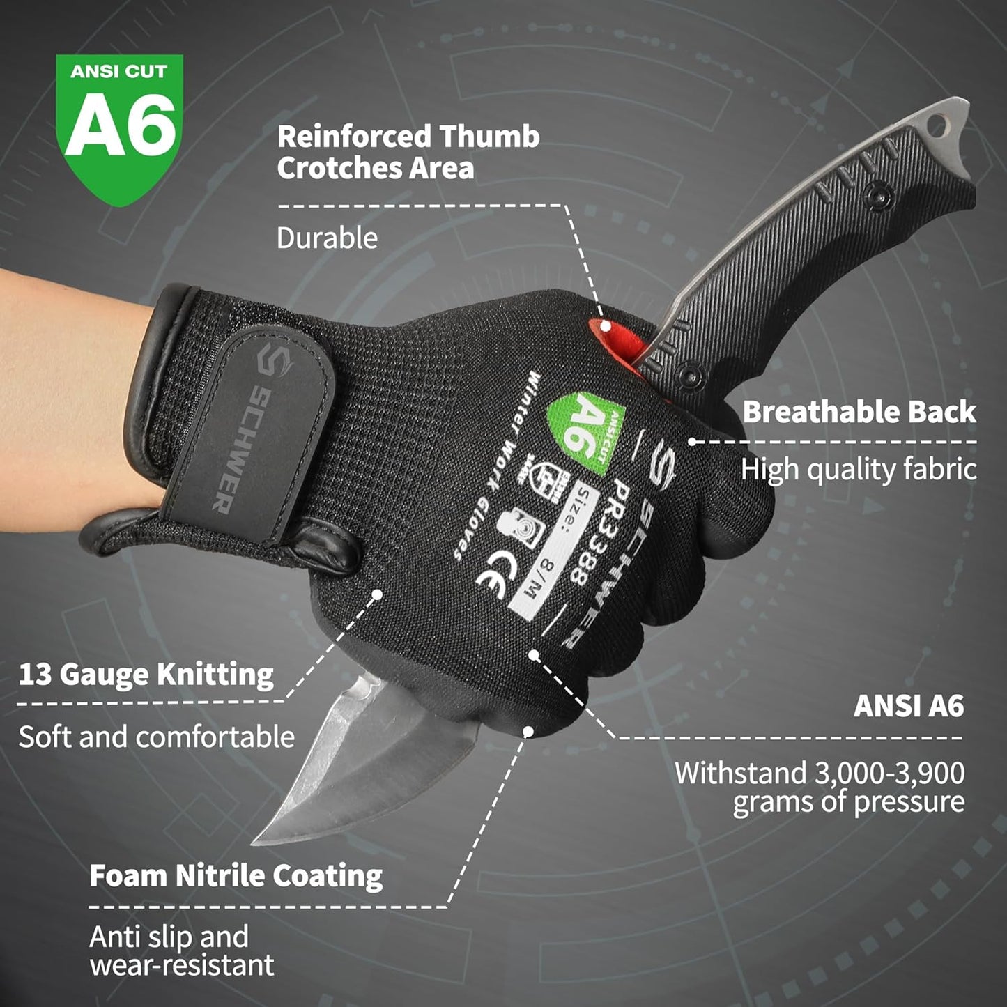 FreezeGuard Winter Work Gloves for Men and Women, ANSI A6 Cut Resistant Gloves With Super Grip, Freezer Glove for Work, Touchscreen, Thermal Insulated, PR3388, Non PFAS, Black Knight (L, 1 Pair)