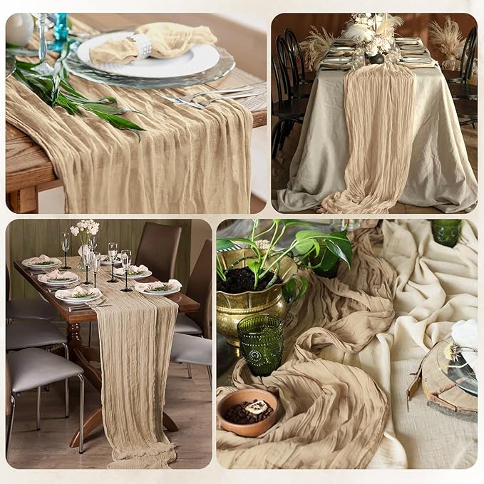6 Pack Beige Cheesecloth Table Runner 17x108 Inch Semi Sheer Boho Gauze Cheese Cloth Fabric Table Runners, for Wedding Party Baby Shower Birthday Home Decor Garden Farmhouse