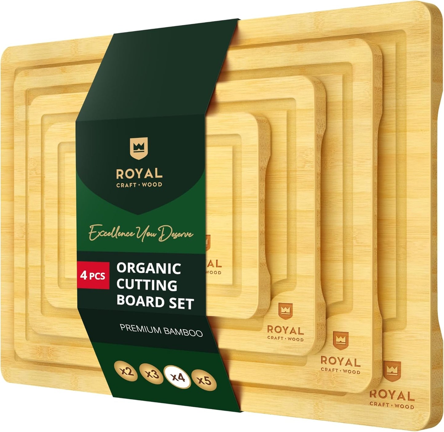 ROYAL CRAFT WOOD Wooden Cutting Boards for Kitchen Meal Prep & Cutting - Bamboo Wood Cutting Board Set with Deep Juice Groove Side Handles - Charcuterie & Chopping Butcher Block for Meat (4 Pcs)