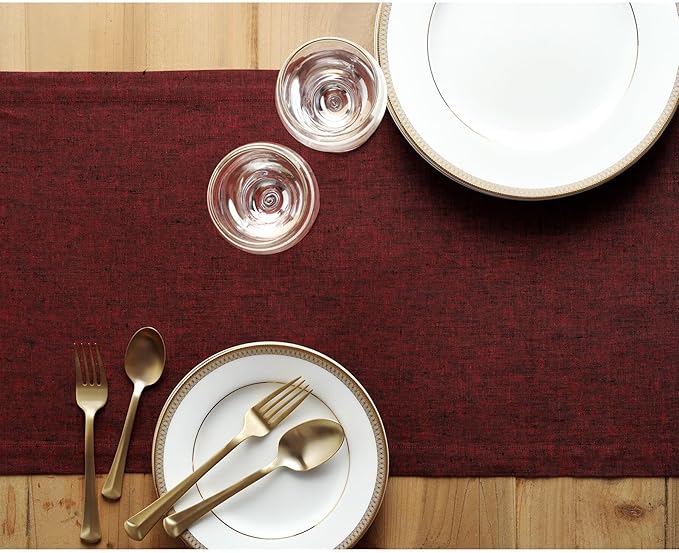 Solino Home Linen Table Runner 48 Inches - 100% Pure Linen Red Garnet Table Runner 14 x 48 Inch Ideal for Dresser and Coffee Tables - Christmas, Holiday, Winter, New Year - Athena