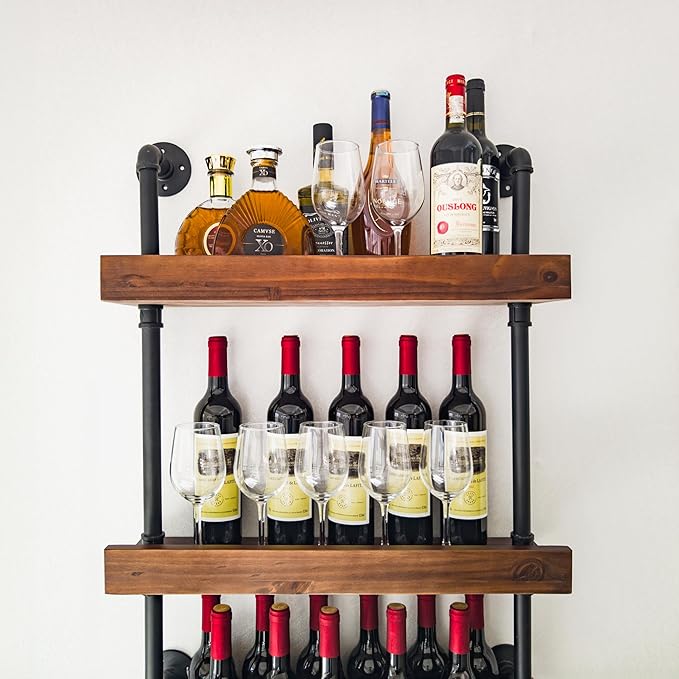 Industrial Wine Rack Wall Mounted, Industrial Pipe Bar Shelf for Wine Display, 5-Tier Rustic Hanging Organizer for Wine Bottle Storage in Kitchen, Bar, Pub, Cellar(Walnut Brown, 24 Inch)
