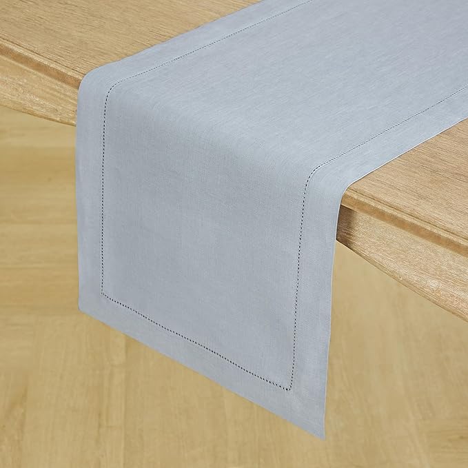 Solino Home Linen Dusty Blue Table Runner 60 Inches - Classic Hemstitch, 100% Pure Linen Coffee Table Runner 14 x 60 Inch Ideal for Dresser Tables