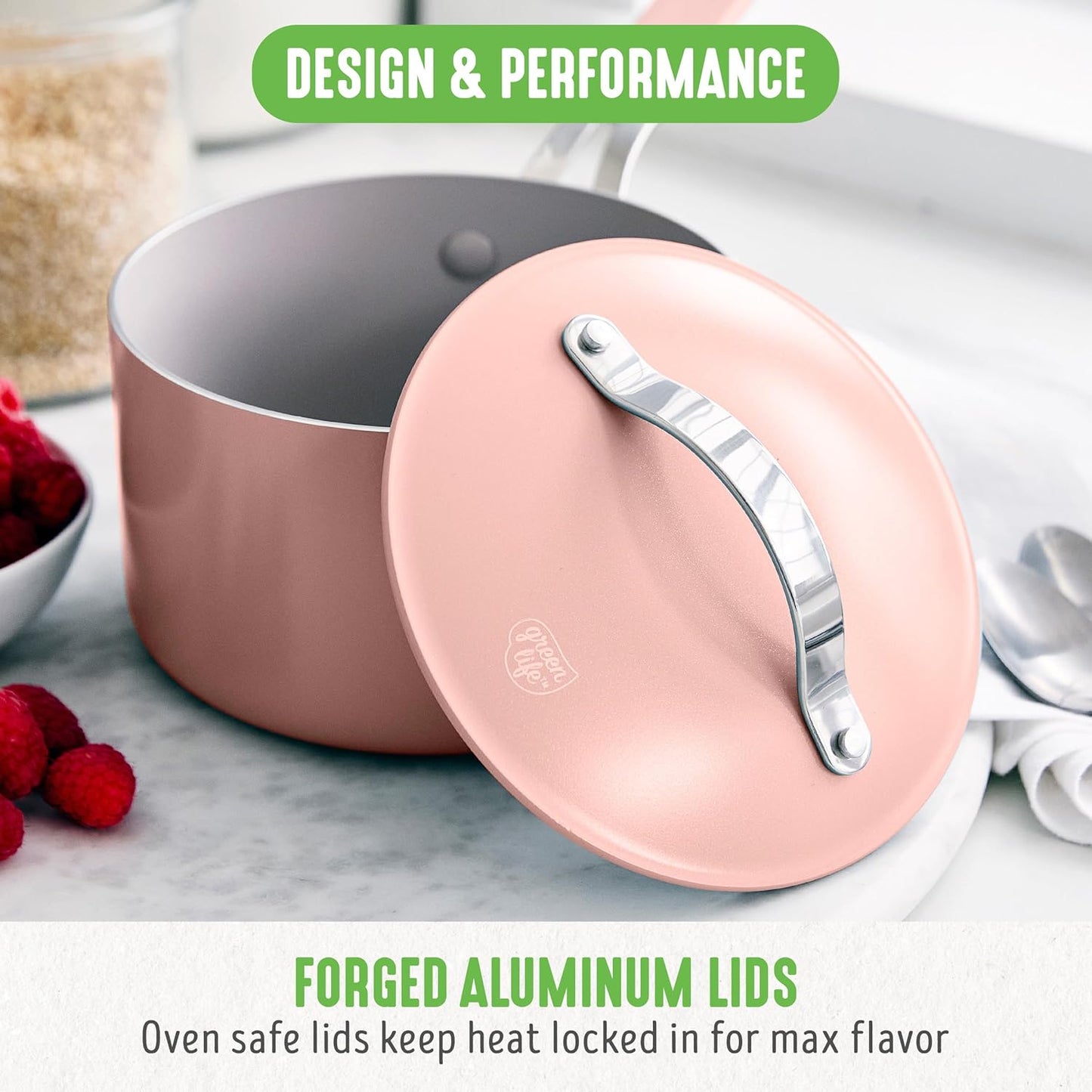 GreenLife 10-Piece Nonstick Ceramic Cookware Set, Lightweight Healthy PFAS-Free Pots & Pans with Lids, Dishwasher & Oven Safe, Durable Body, Silicone Stay-Cool Handles, Easy Release, Pink