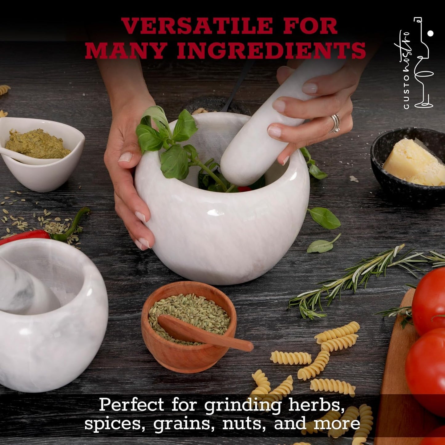 Gusto Nostro Natural Marble Mortar and Pestle Set Small| 4 Inch - 1.5 Cup | Mini Mortar Pestle Set for Grinding Herbs, Nuts, Grains | Pesto Grinding and Guacamole Stone Bowl | Marble Spice Crusher