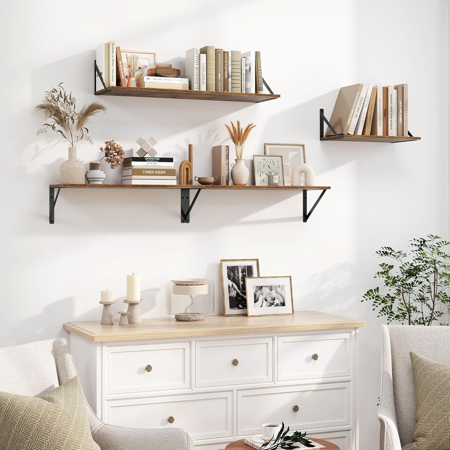 Heimlove Deep Floating Shelves for Wall, 36W x 8D Wood Wall Shelves Set of 2, Wide Floating Bookshelf for Living Room, Kitchen, Office, Bedroom and Decor Storage, with Metal Bracket - Rustic Brown