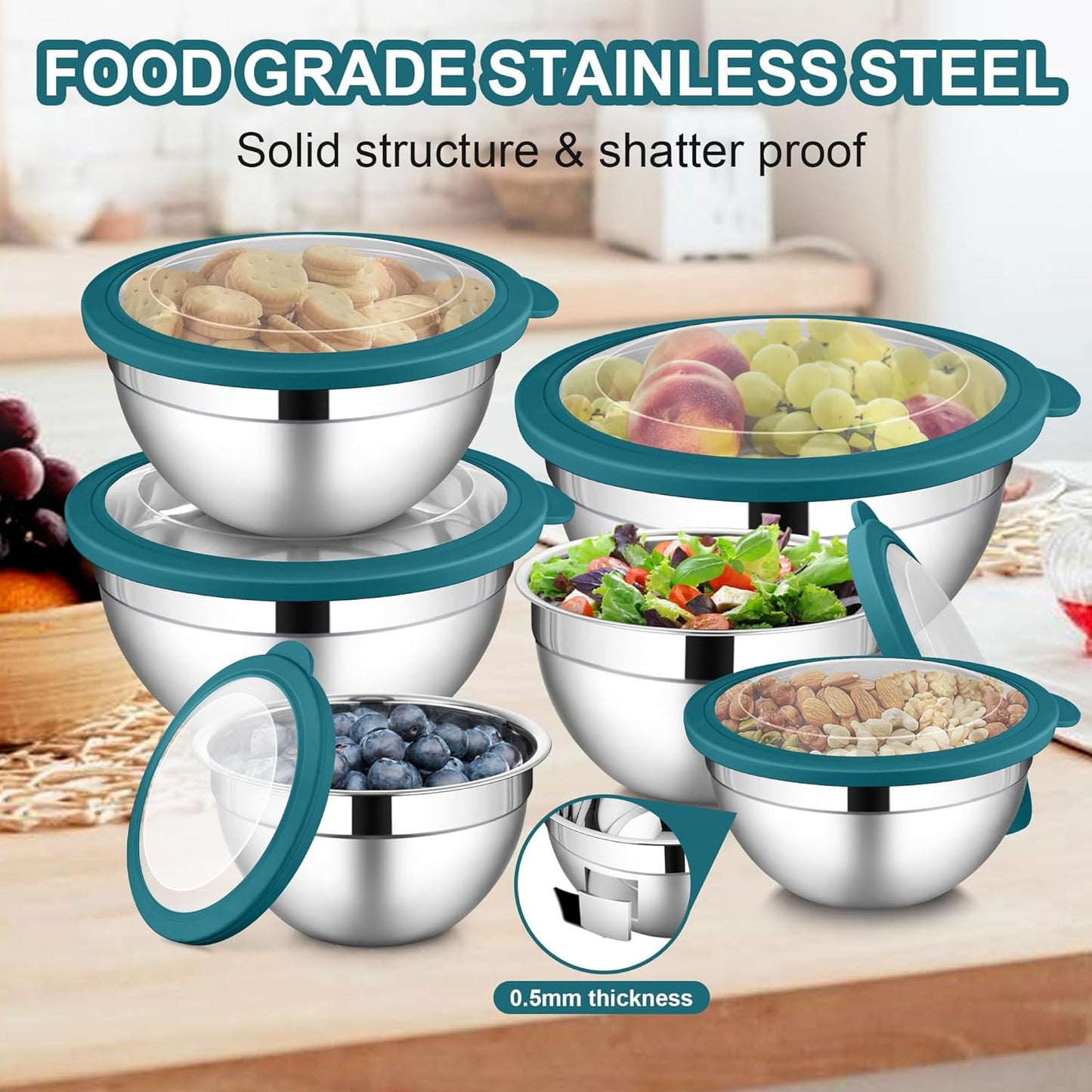 LIANYU Stainless Steel Mixing Bowls, 6 Packs Deep Metal Nesting Bowls Set for Baking Cooking Serving Prepping, Large& Small 7, 3.5, 2.5, 2, 1.5, 1QT Size, Include Visible Airtight Lid, Dark Blue