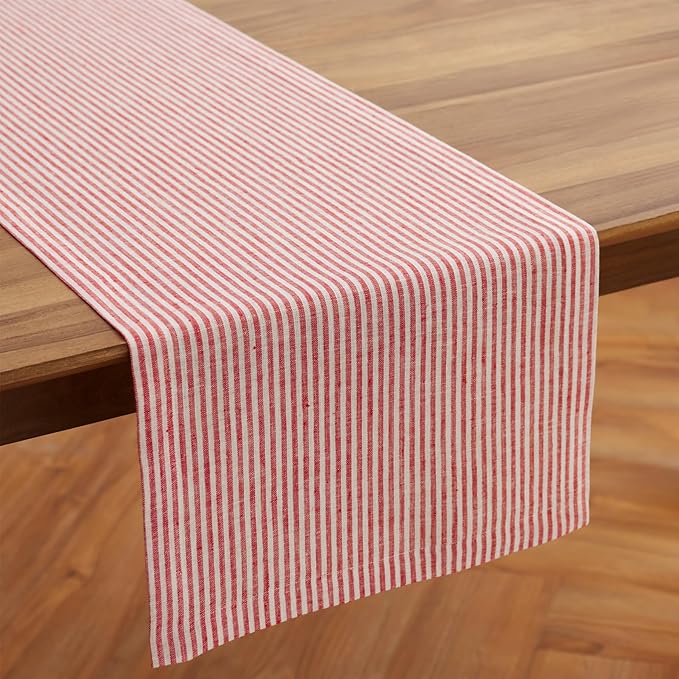Solino Home Linen Striped Table Runner 108 Inches Long - Narrow Stripe 100% Pure Linen Red and White Dining Table Runner 14 x 108 Inch for Christmas, Holiday, Winter, New Year