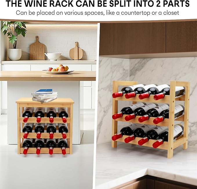 Wine Rack Free Standing Floor, 6-Tier 24 Bottles Display Wine Storage Shelves with Table Top, Easy-Assembly Freestanding Bamboo Wine Racks for Kitchen Dining Room Bar, Natural