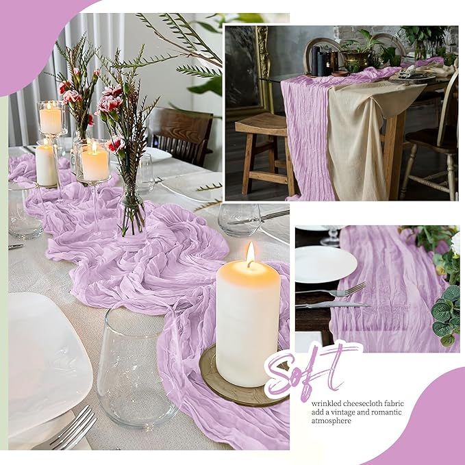12 Pack Lavender Cheesecloth Table Runner 17x108 Inch Semi Sheer Boho Gauze Cheese Cloth Fabric Table Runners, for Wedding Party Baby Shower Birthday Home Decor Garden Farmhouse