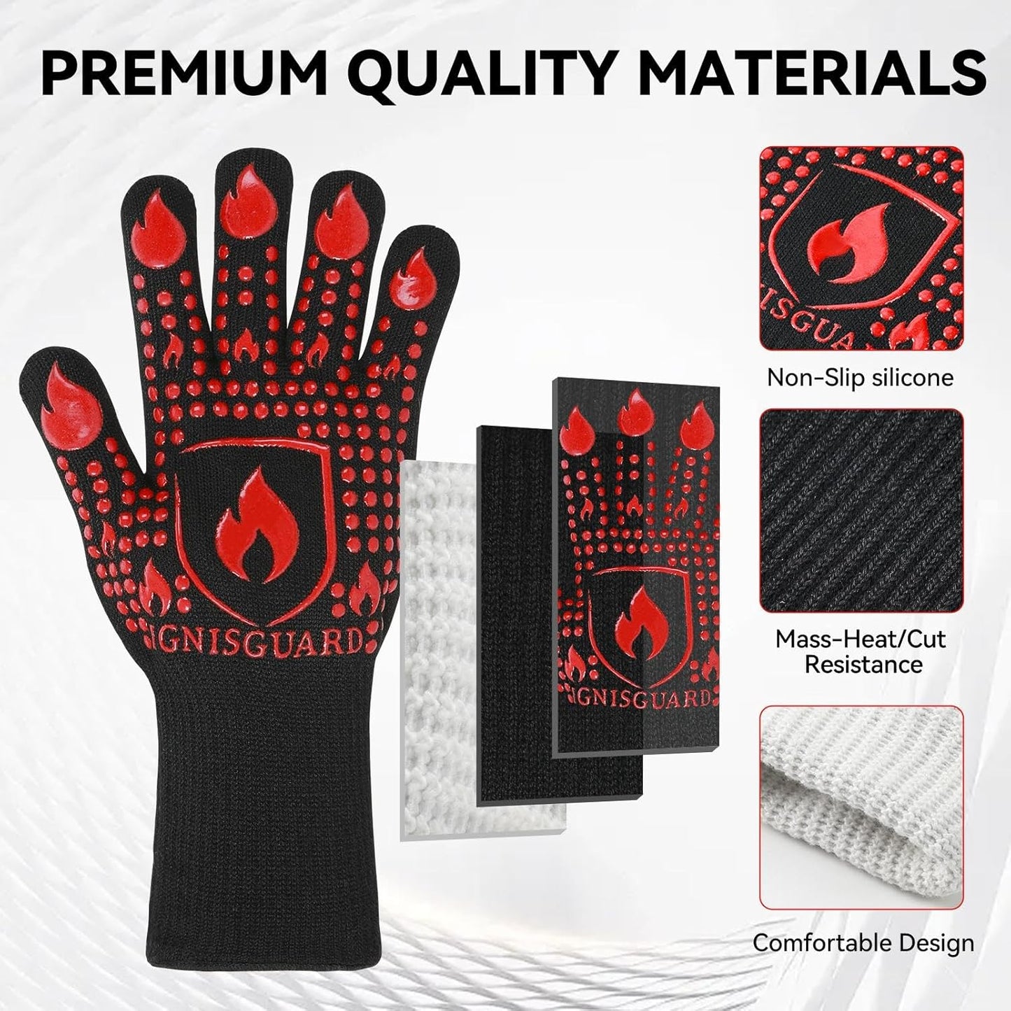 BBQ & Grill Gloves, Oven Gloves, 1472°F Silicone Oven Mitts Heat Resistant Grilling Gloves Fireproof Non-Slip for Barbecue Cooking Baking Smoking, 1-Pair Red（L）