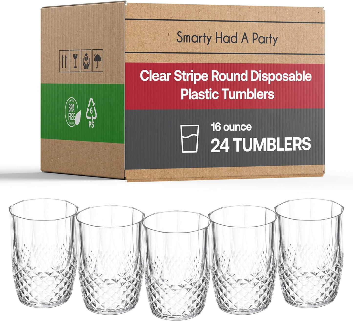 Smarty Had A Party 16 oz Clear Unbreakable Crystal Cut Tumblers Pack of 24, Elegant Disposable Plastic Cups for Cocktails, Parties, and Events