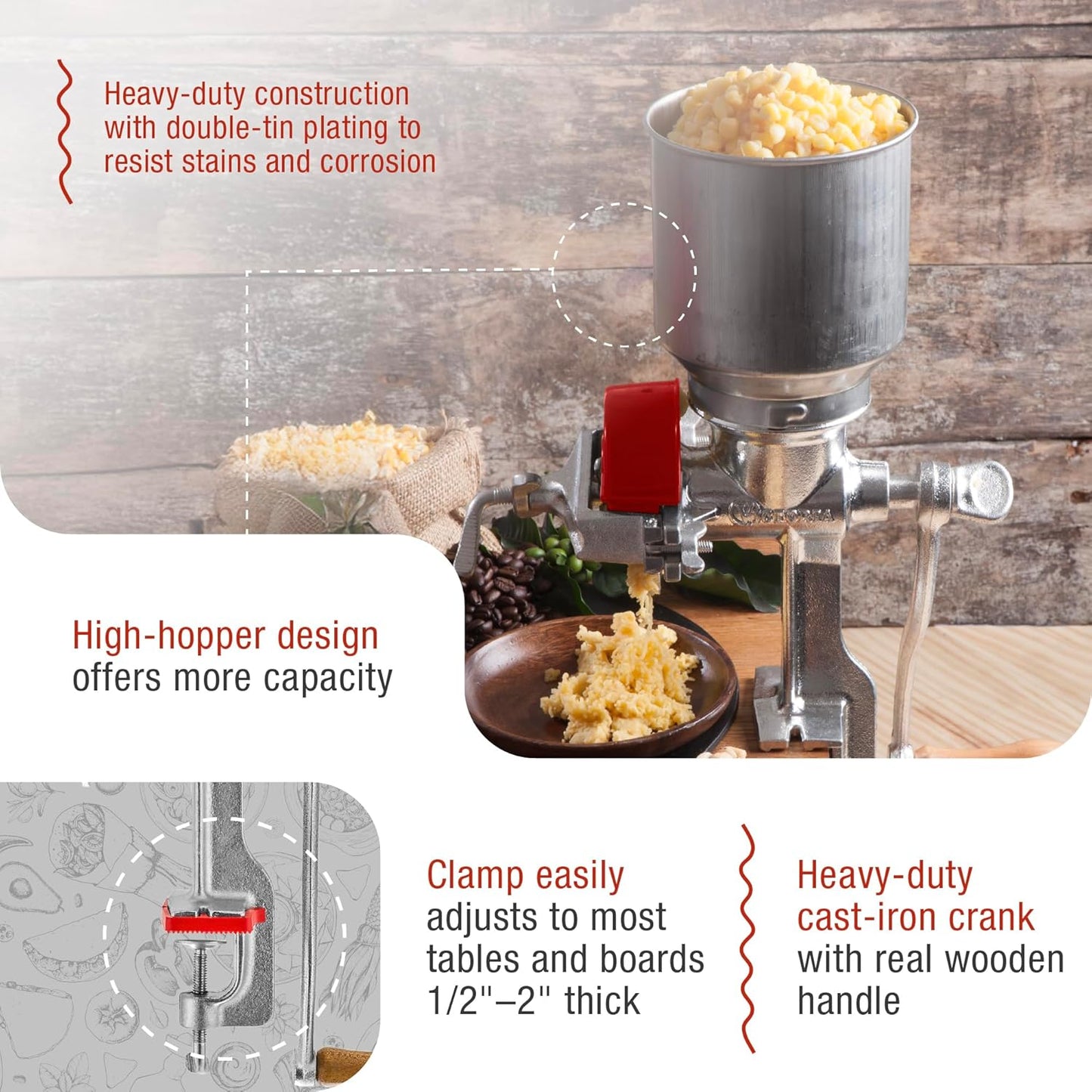 Victoria Manual Cast Iron Grain Mill with High Hopper, Premium Corn-Grinding Mill and Grain Grinder, Made in Colombia