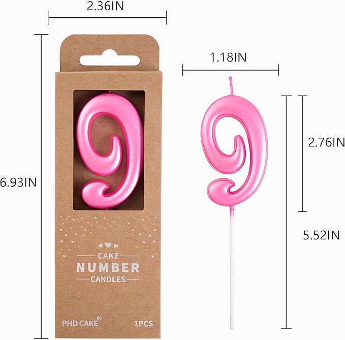 PHD CAKE 2.76 Inch Elegant Pink 9 Number Birthday Candles, Pink Number Candles, Cake Number Candles, Party Celebration