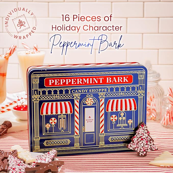 Christmas Peppermint Gift Tin Bark Candy – Fudge Gourmet Holiday Chocolate Gift Basket, Festive Assortment with Nutcrackers, Trees & Gingerbread Shapes – Family, Friends & Coworkers- Bonnie & Pop