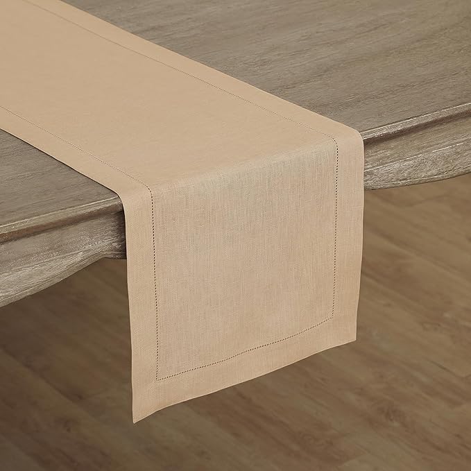 Solino Home Linen Beige Table Runner 108 Inches Long - 100% Pure Linen 14 x 108 Inch Table Runner for Christmas, New Year - Classic Hemstitch
