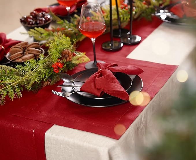 Home Ekaa 100% Pure Linen Red Table Runner 14×48 Inch – Small Hemstitch Washable Cloth Fabric Runner for Christmas, Fall, Winter, Holiday & New Year Décor – Elara Collection