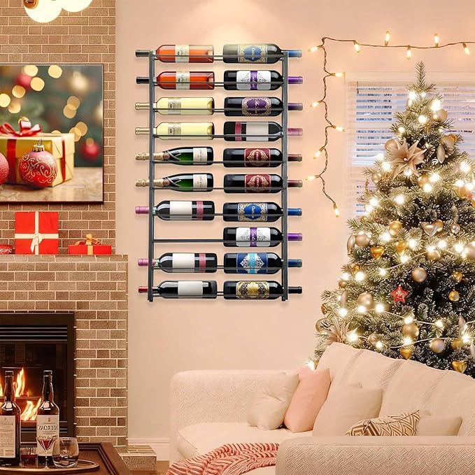 FLstudio Wall Mount Wine Rack: 20 Bottle Wall Wine Rack - Large Wine Storage Organizer Display Holder, Black Metal Wine Bottle Shelf for Bar, Kitchen, Cellar, Dining Room